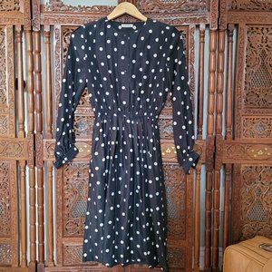 Vintage 80s Graphic Black Polka Dot Secretary Dress